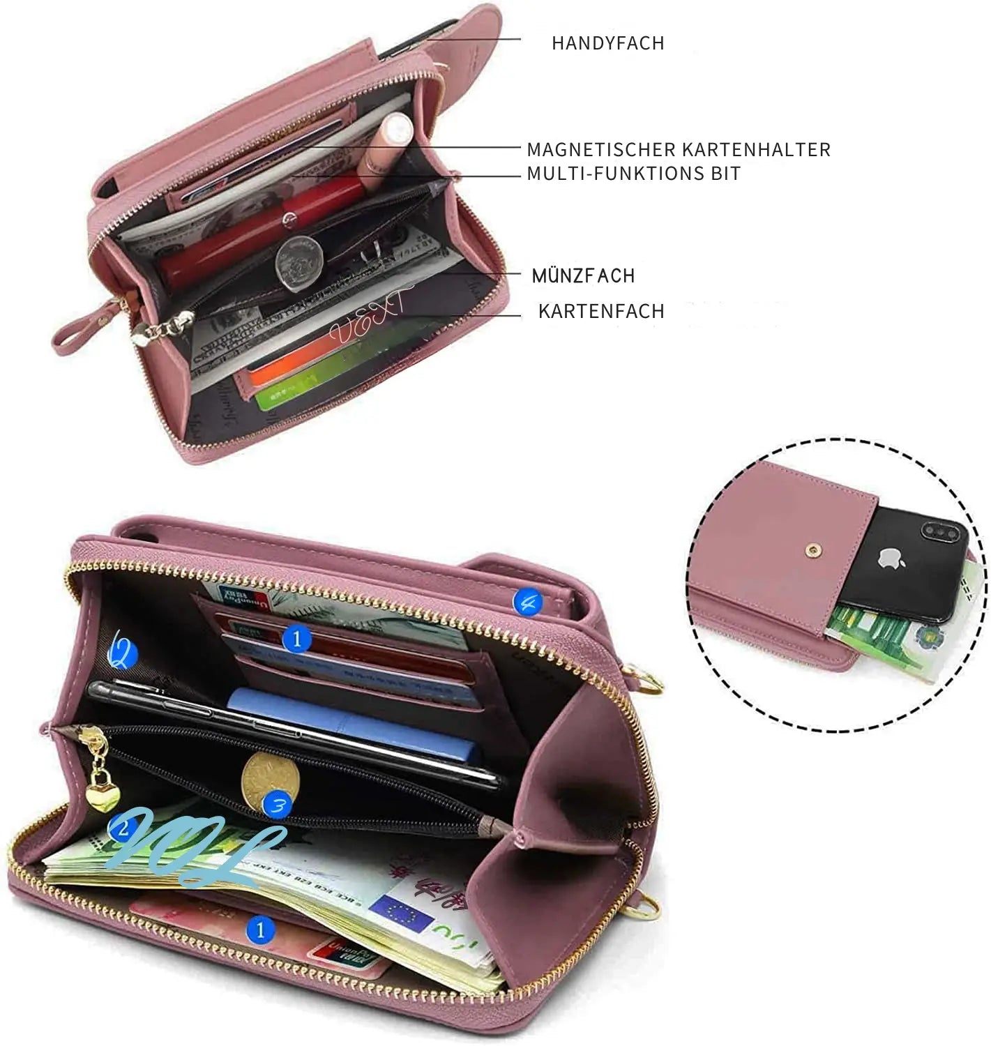 Handytasche Crossbody Damen – Umhängetasche & Geldbörse mit Kartenfächern