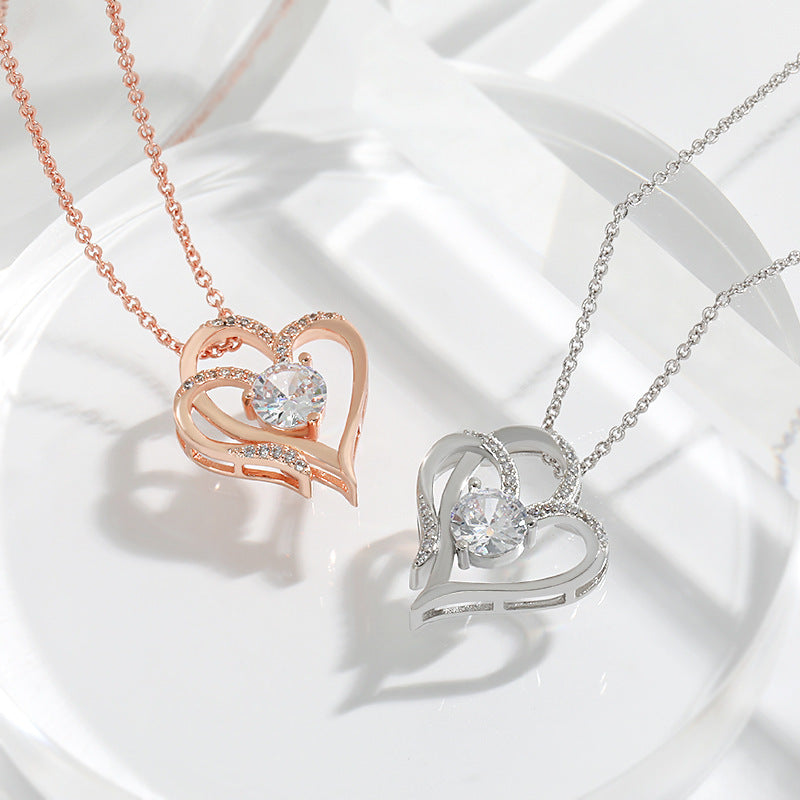 Double Love Herz-Halskette mit Zirkonia | Romantischer Schmuck für Damen