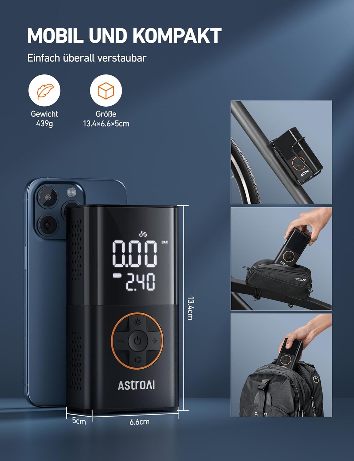 Astroai Kabelloser Elektrische Luftpumpe, Tragbare Akku Fahrradpumpe Mit Alle Ventile, Led-Licht, Wiederaufladbare Reifenpumpe Fßr Fahrrad, E-Bike, Auto, Motorrad, Bälle