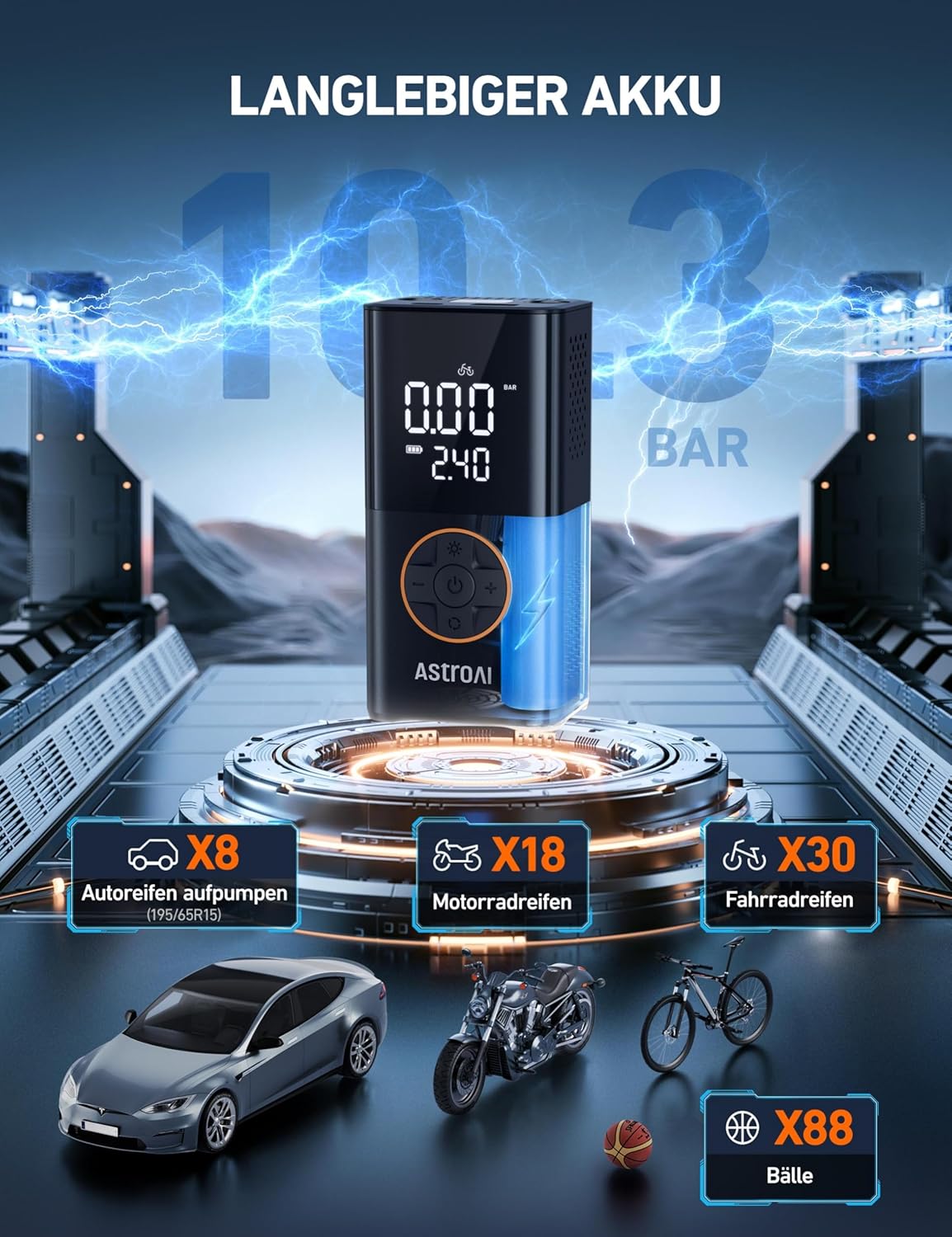 Astroai Kabelloser Elektrische Luftpumpe, Tragbare Akku Fahrradpumpe Mit Alle Ventile, Led-Licht, Wiederaufladbare Reifenpumpe Fßr Fahrrad, E-Bike, Auto, Motorrad, Bälle
