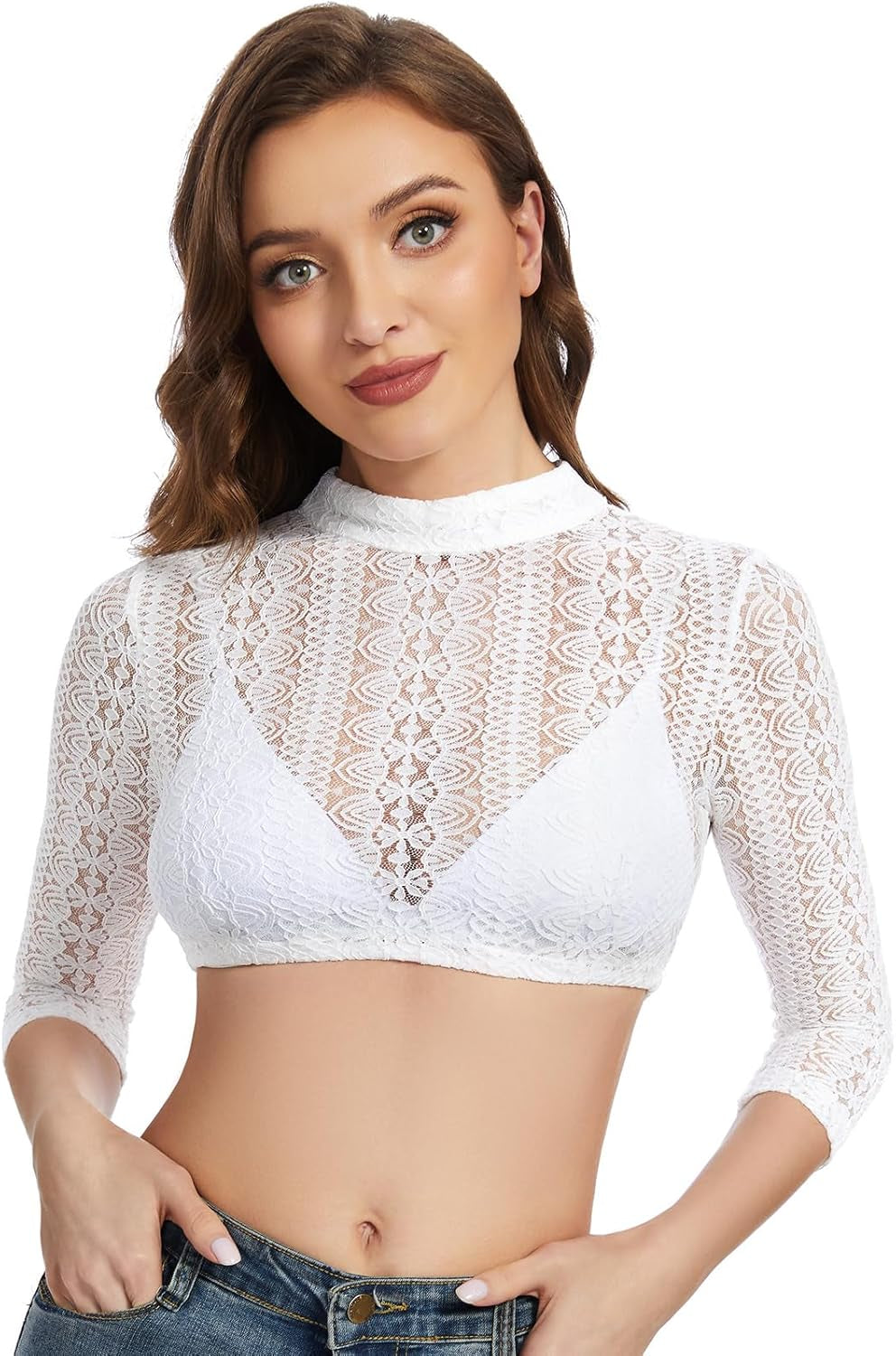 Dirndl Bluse Damen Dirndlbluse Spitze Trachtenbluse Langarm Weiß Hochgeschlossen Bluse Oktoberfest 32-54