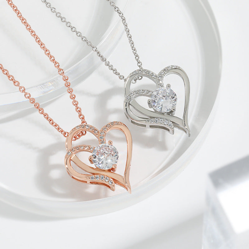 Double Love Herz-Halskette mit Zirkonia | Romantischer Schmuck für Damen