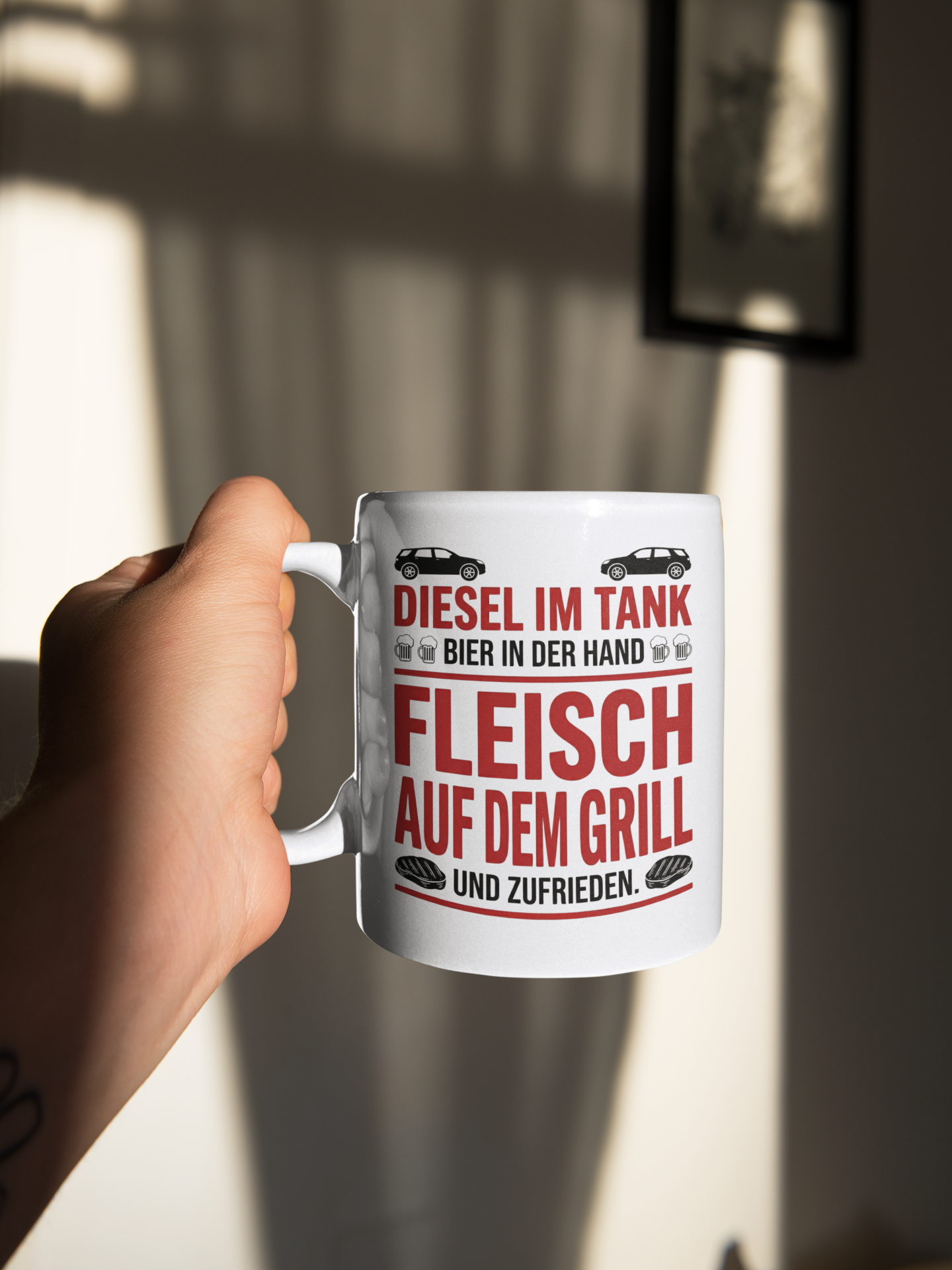 Tasse - Diesel im Tank, Bier in der Hand, Fleisch auf dem Grill - Lustige Kaffeetasse