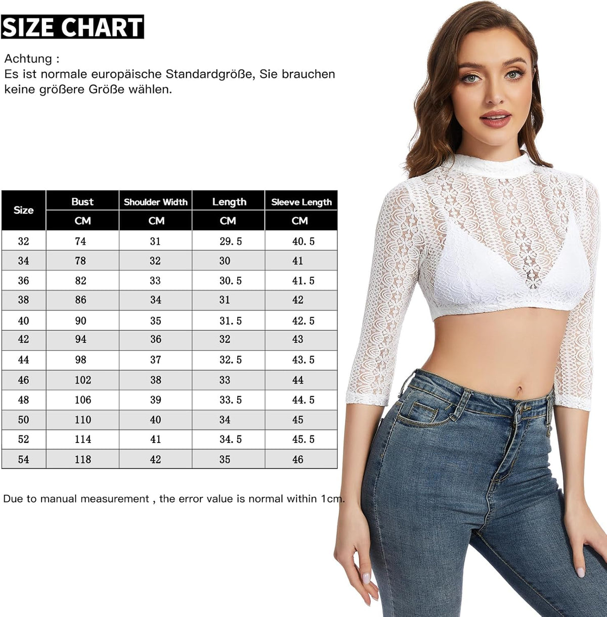 Dirndl Bluse Damen Dirndlbluse Spitze Trachtenbluse Langarm Weiß Hochgeschlossen Bluse Oktoberfest 32-54